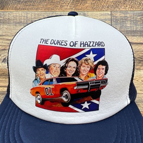 Vintage Dukes Of Hazard Mens Trucker Hat Navy Snapback Mesh Flat Brimmed Cap - Picture 2 of 7